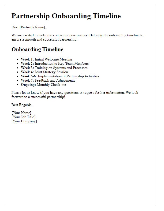 Letter template of partnership onboarding timeline