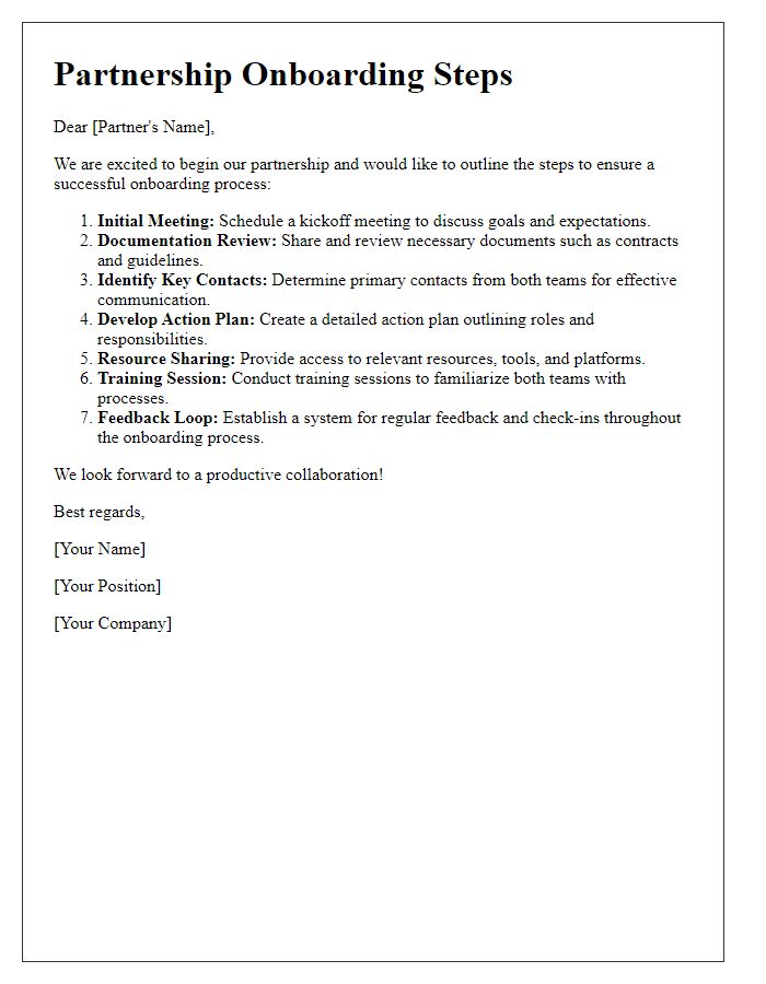 Letter template of steps for effective partnership onboarding