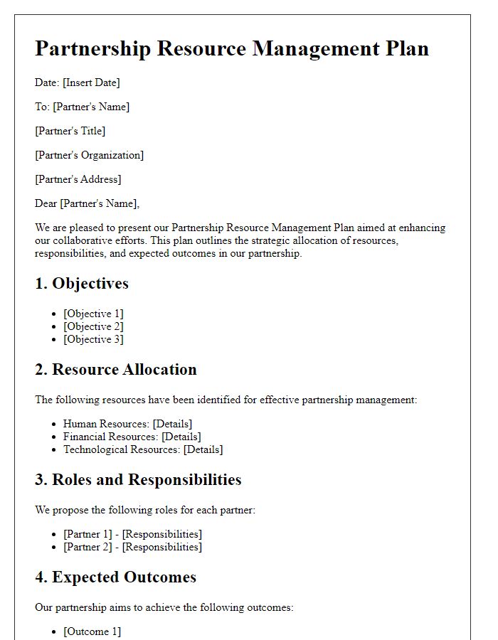 Letter template of partnership resource management plan