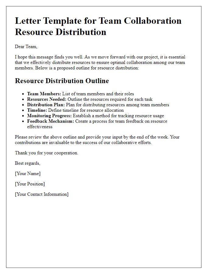 Letter template of team collaboration resource distribution outline