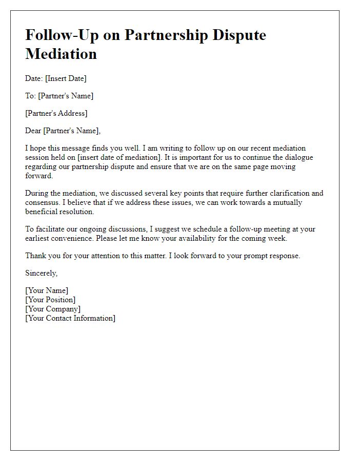 Letter template of follow-up on partnership dispute mediation