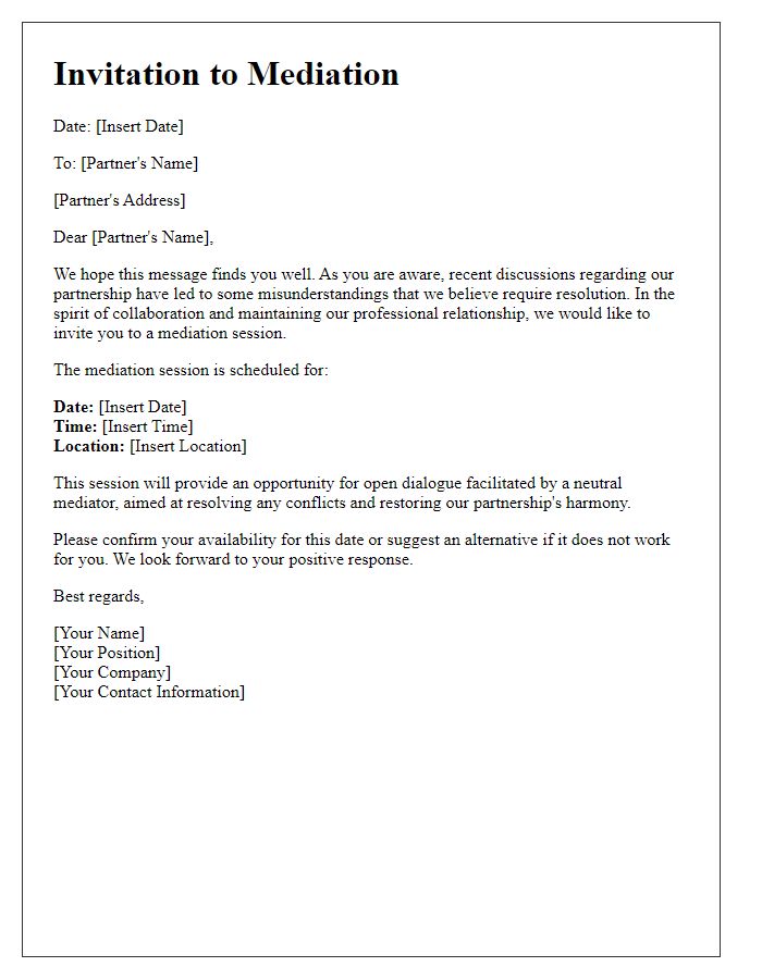 Letter template of invitation to mediation for partnership conflict