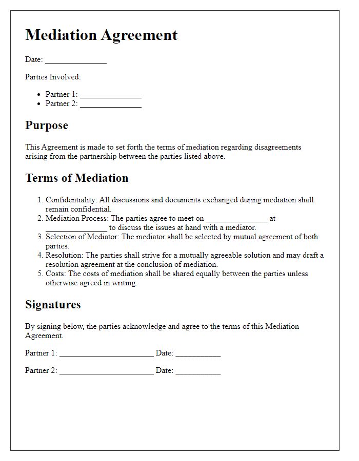 Letter template of mediation agreement for partnership disagreements