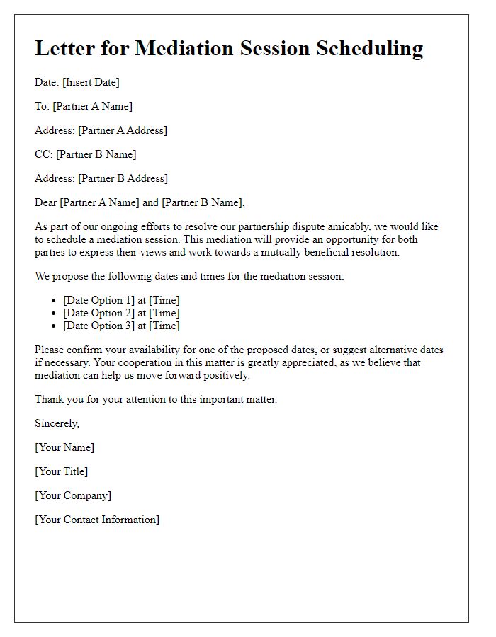 Letter template of mediation session scheduling for partnership dispute