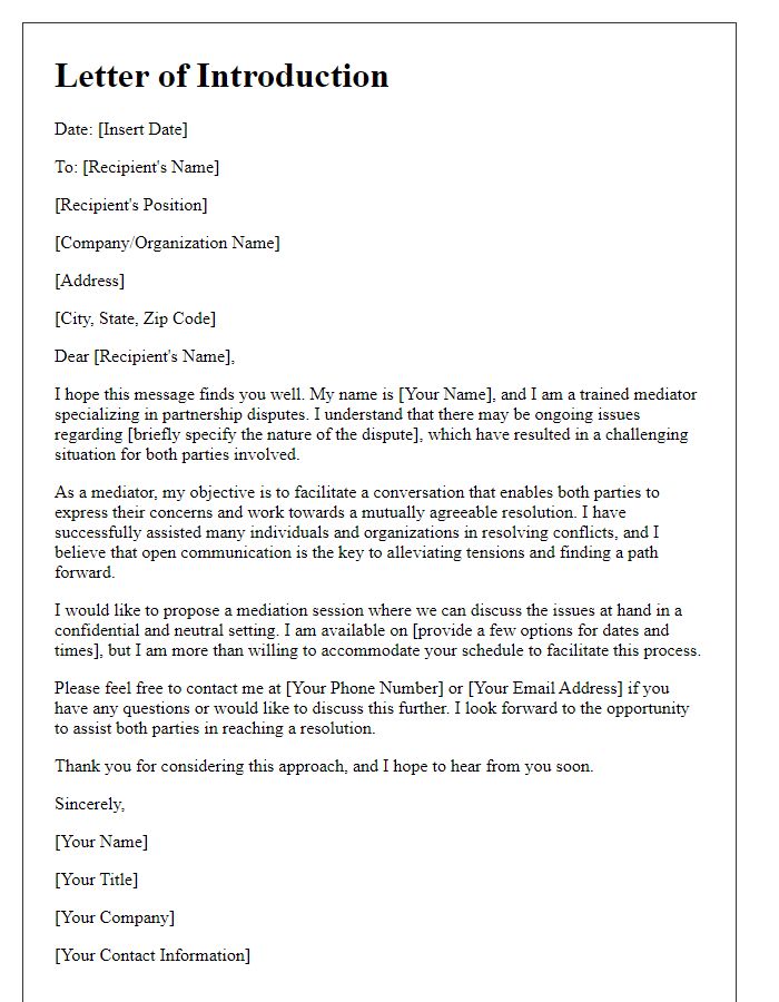 Letter template of mediator introduction for partnership disputes