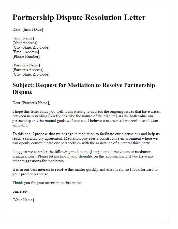 Letter template of partnership dispute resolution through mediation