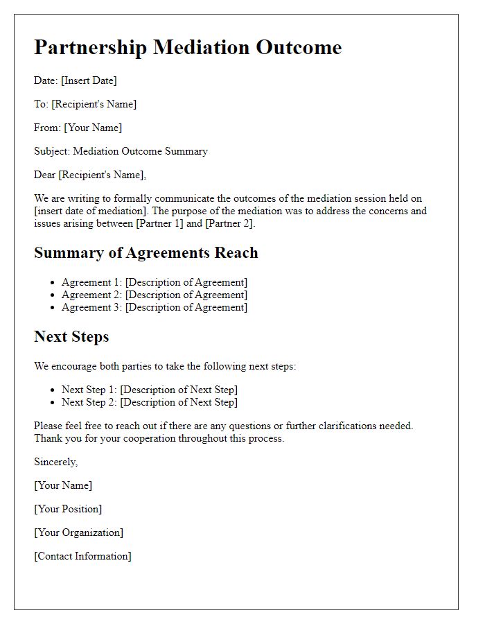 Letter template of partnership mediation outcome communication