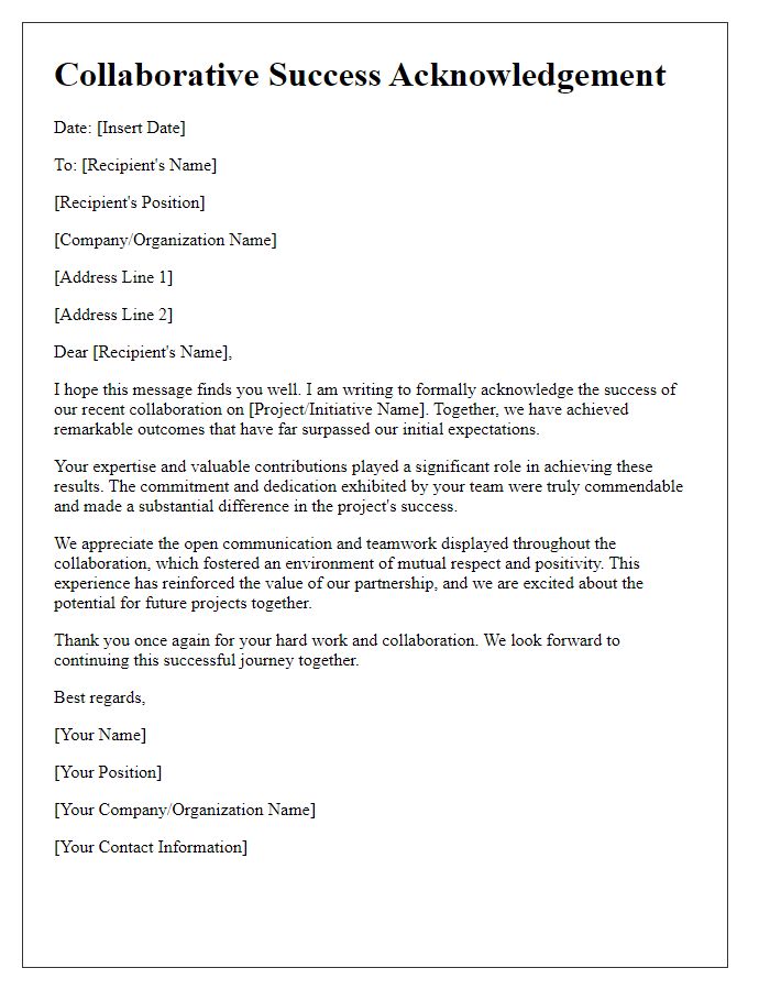 Letter template of Collaborative Success Acknowledgement