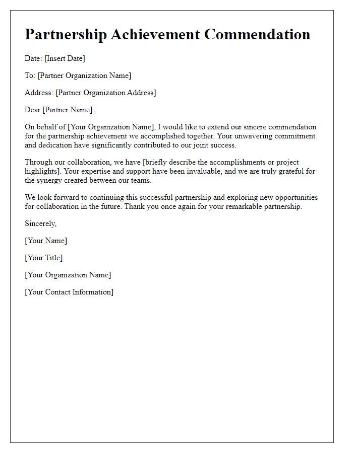 Letter template of Partnership Achievement Commendation