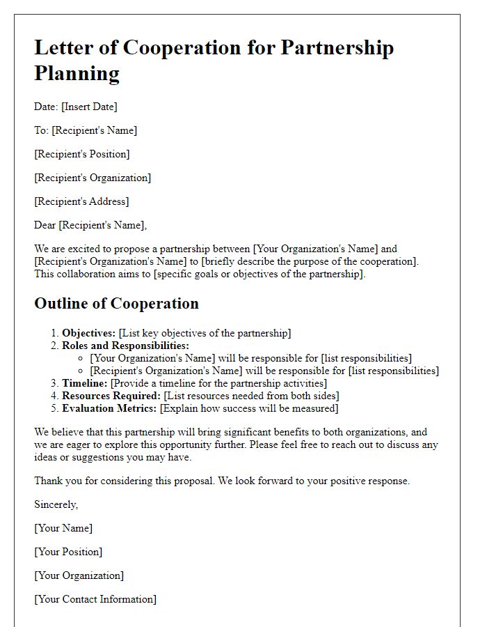 Letter template of cooperation outline for partnership planning.