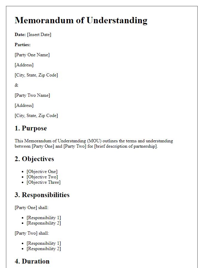 Letter template of memorandum of understanding for partnership agreements.