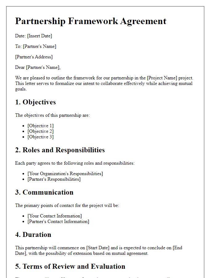 Letter template of partnership framework for project collaboration.