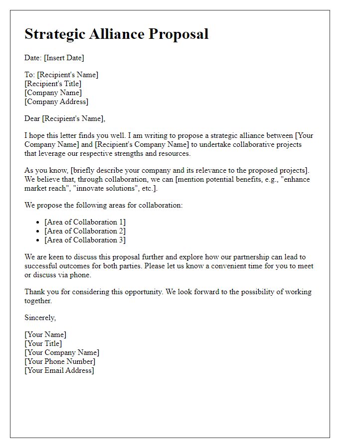 Letter template of strategic alliance proposal for collaborative projects.