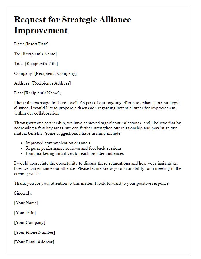 Letter template of strategic alliance improvement request