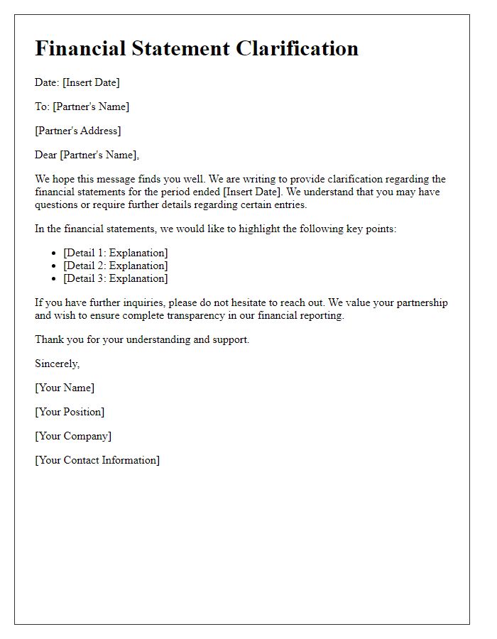 Letter template of Financial Statement Clarification for Partners