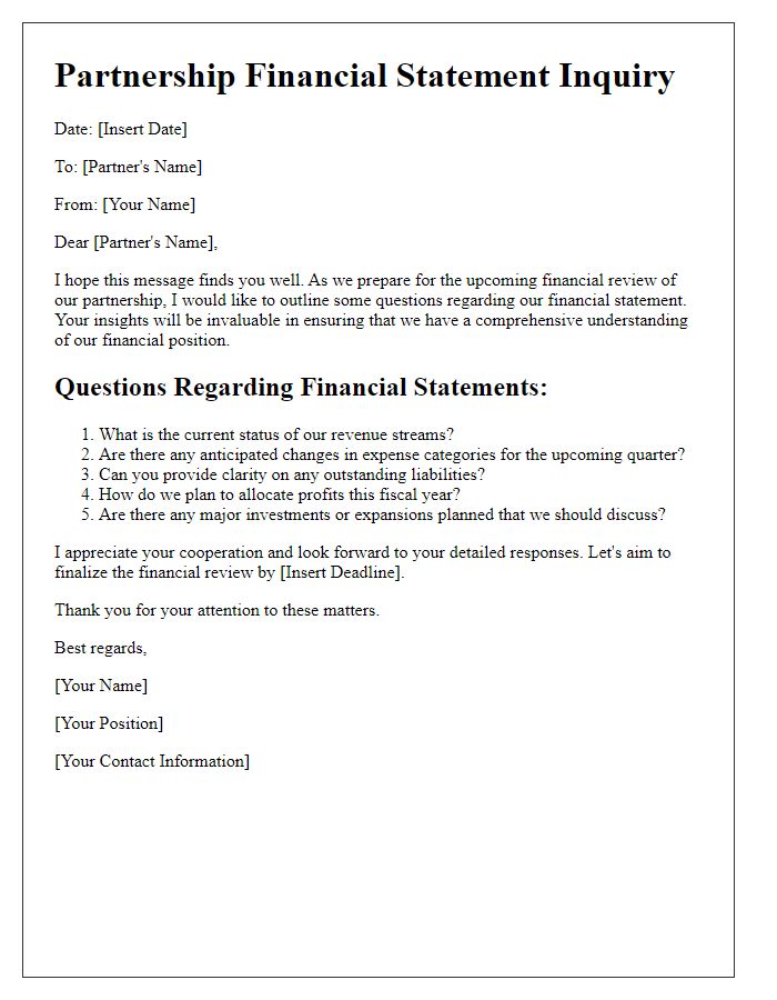 Letter template of Partnership Financial Statement Questions