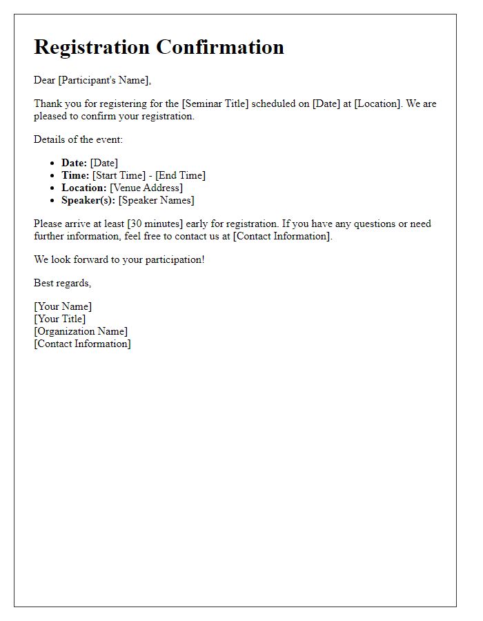 Letter template of educational seminar registration confirmation