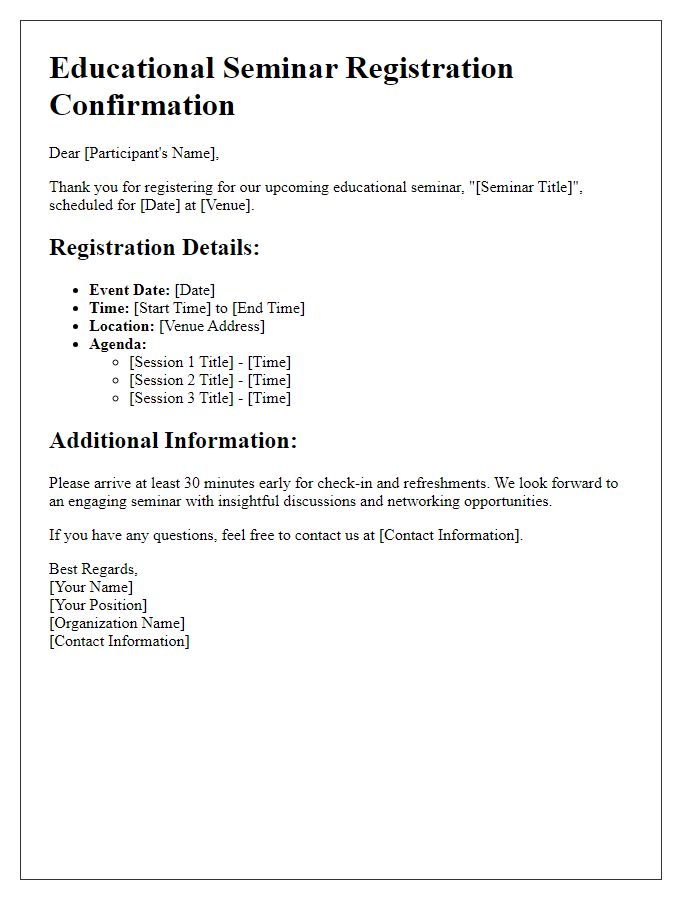 Letter template of educational seminar registration details