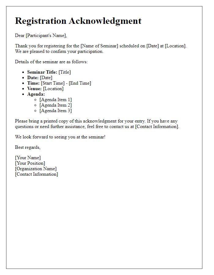 Letter template of educational seminar registration participant acknowledgment