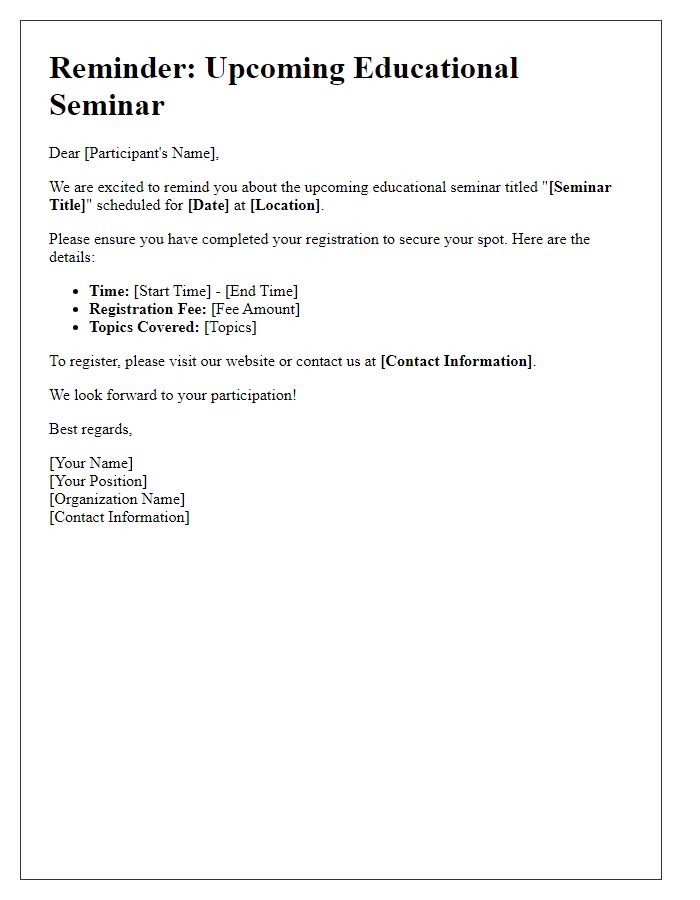 Letter template of educational seminar registration reminder