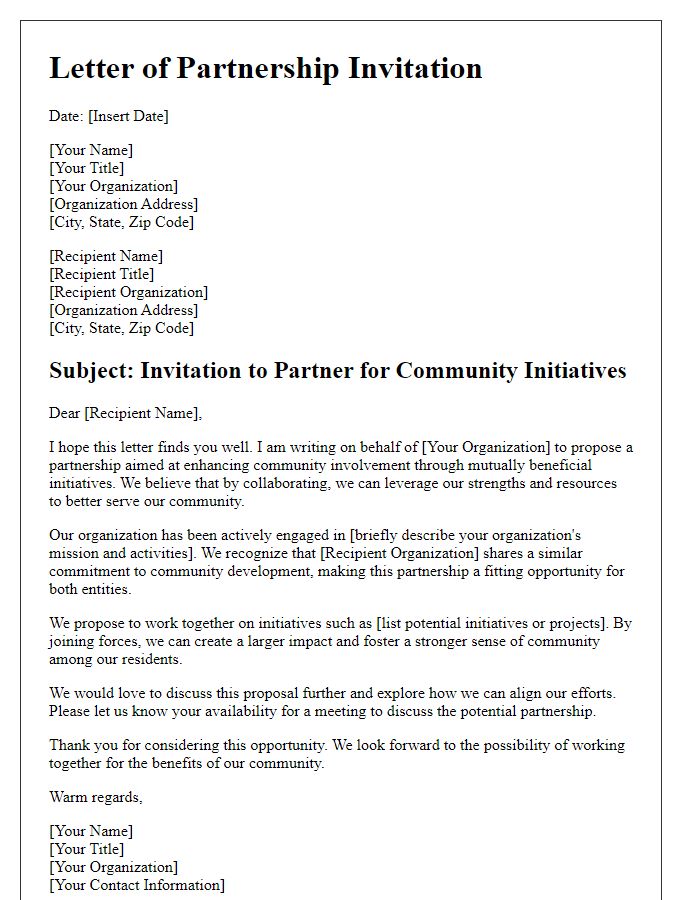 Letter template of community involvement partnership for mutual benefit initiatives.