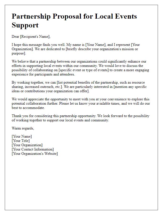 Letter template of engagement partnership offering for local events support.