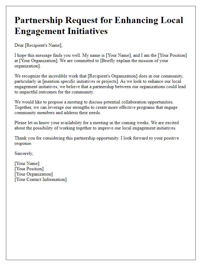 Letter template of partnership request for enhancing local engagement initiatives.