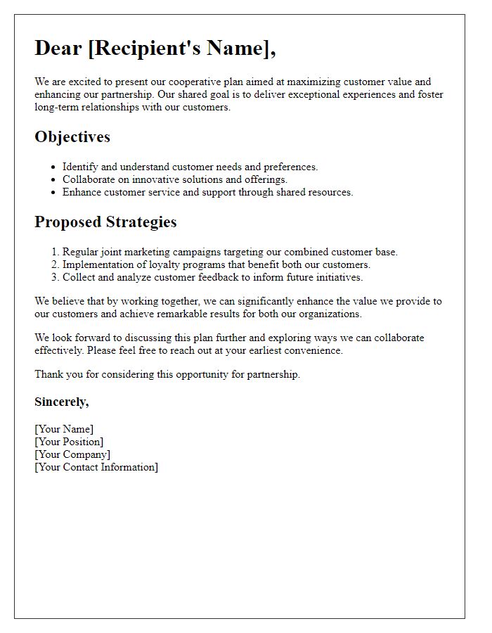 Letter template of cooperative plan for maximizing customer value.