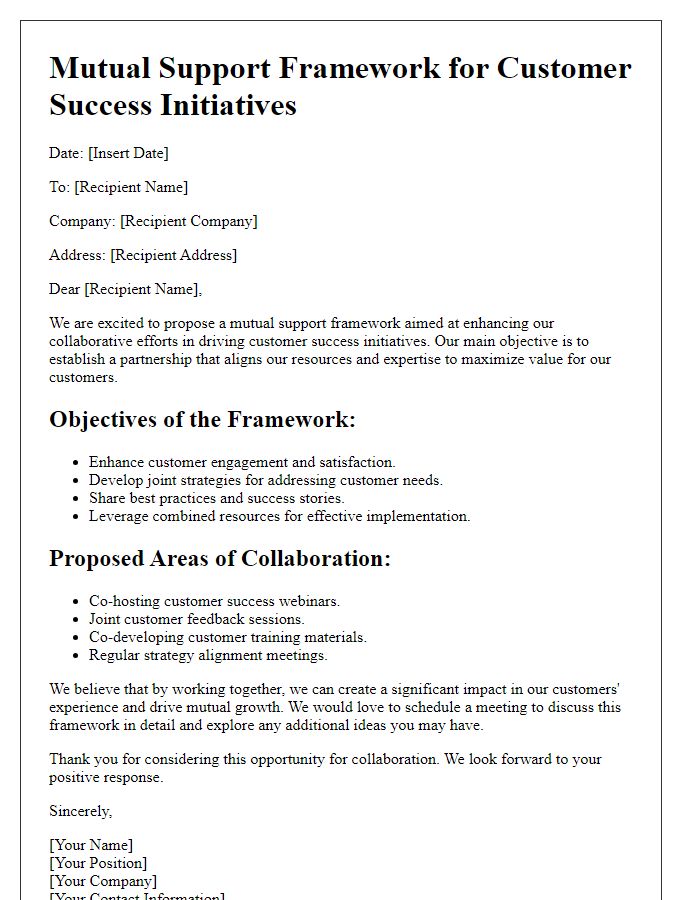 Letter template of mutual support framework for driving customer success initiatives.