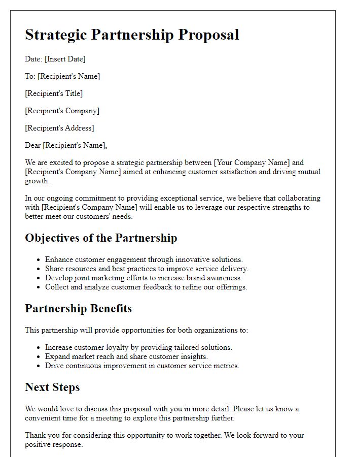 Letter template of strategic partnership for customer satisfaction improvement.