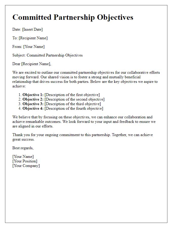 Letter template of committed partnership objectives