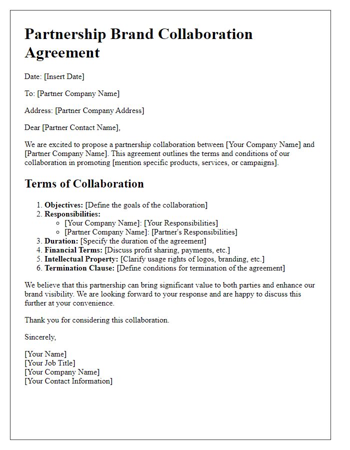 Letter template of agreement for partnership brand collaboration