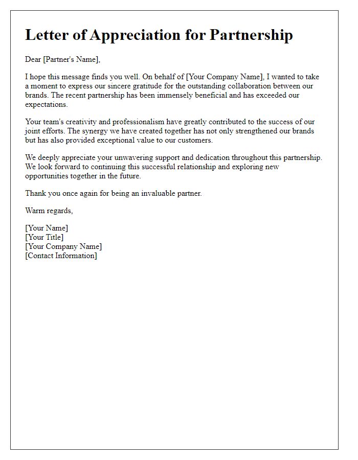 Letter template of appreciation for partnership brand collaboration