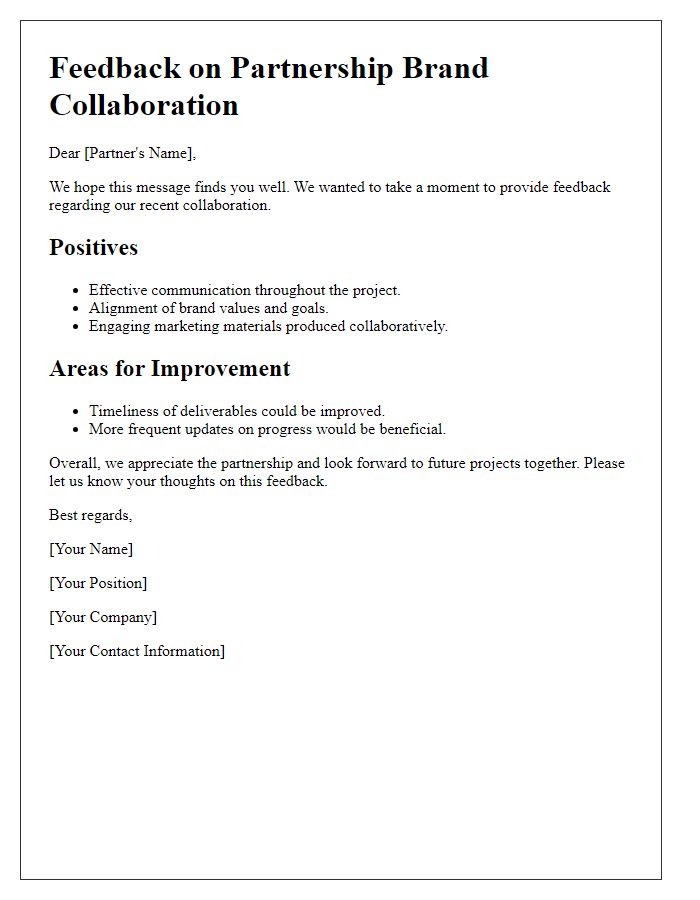 Letter template of feedback for partnership brand collaboration