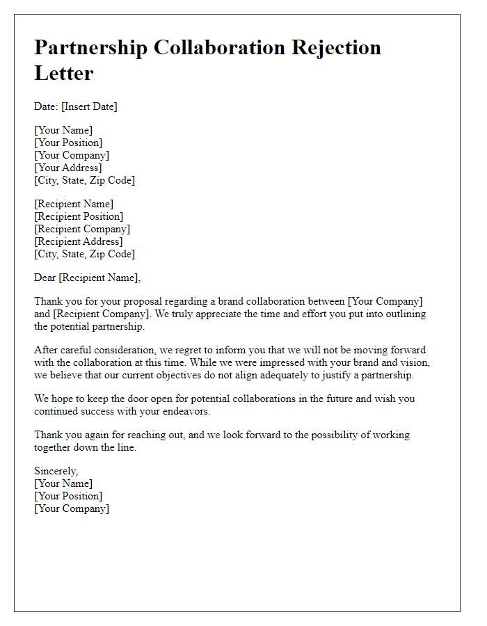 Letter template of rejection for partnership brand collaboration