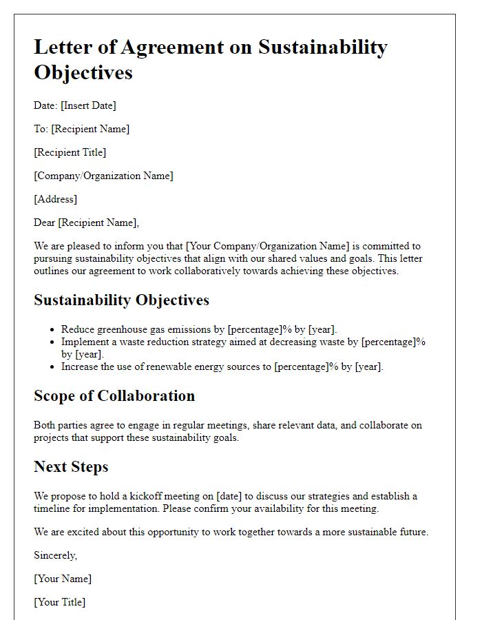 Letter template of agreement on sustainability objectives