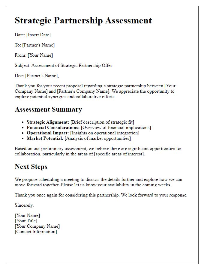 Letter template of assessing strategic partnership offers