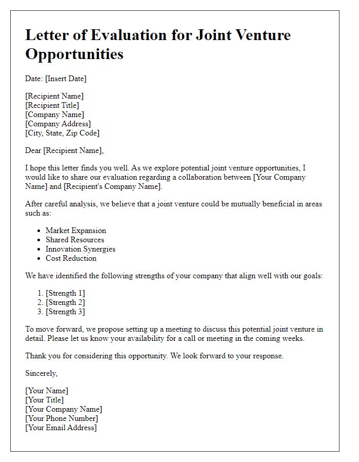 Letter template of evaluating joint venture opportunities