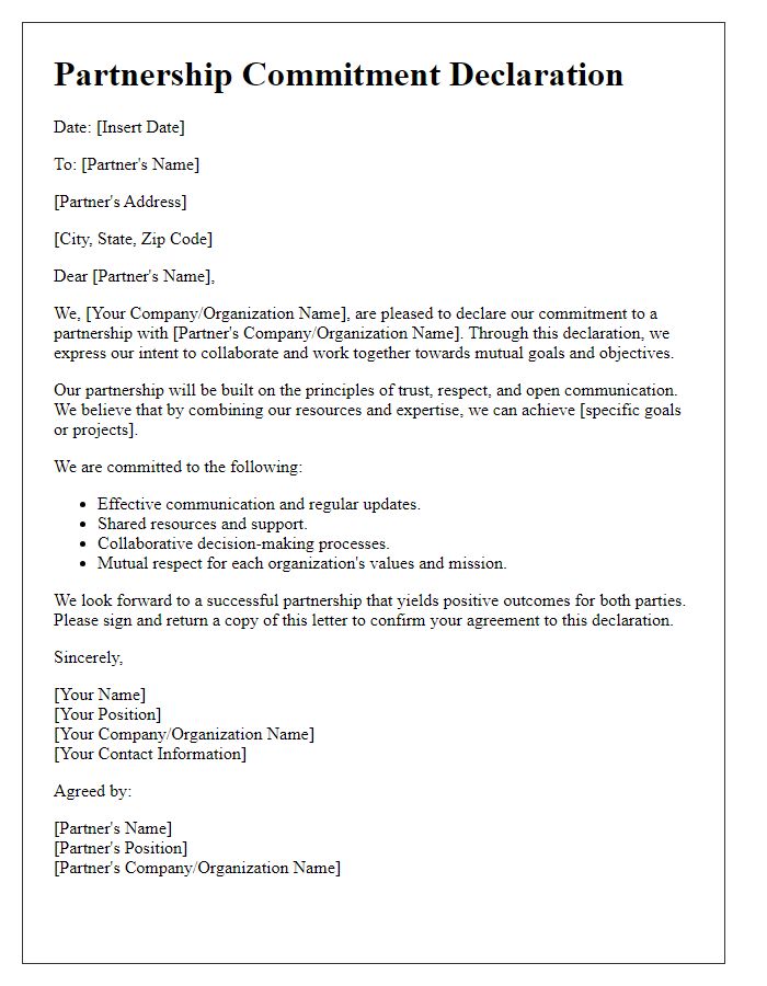 Letter template of Partnership Commitment Declaration