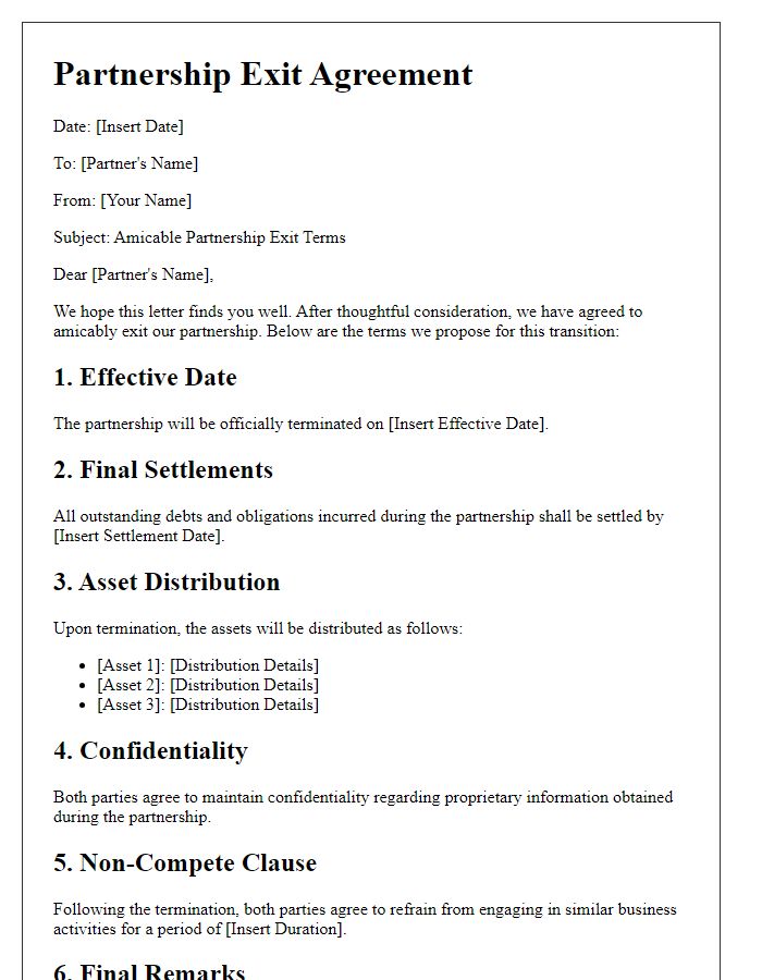 Letter template of amicable partnership exit terms.