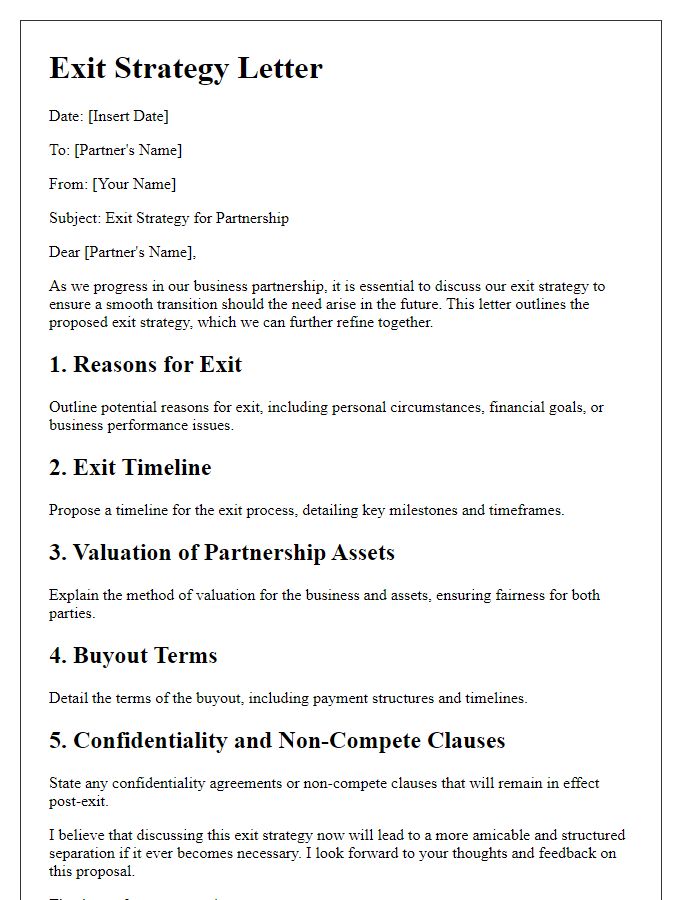 Letter template of exit strategy for partnership.