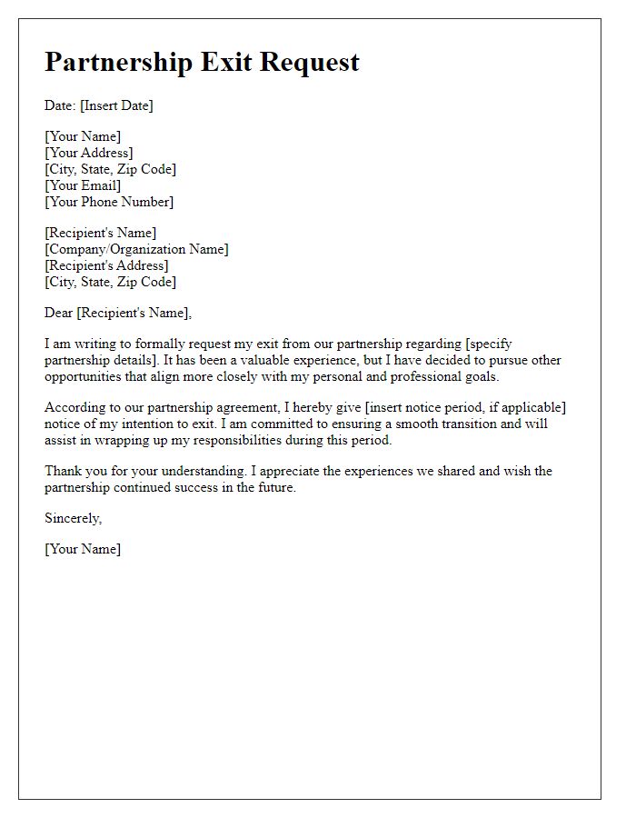 Letter template of formal partnership exit request.