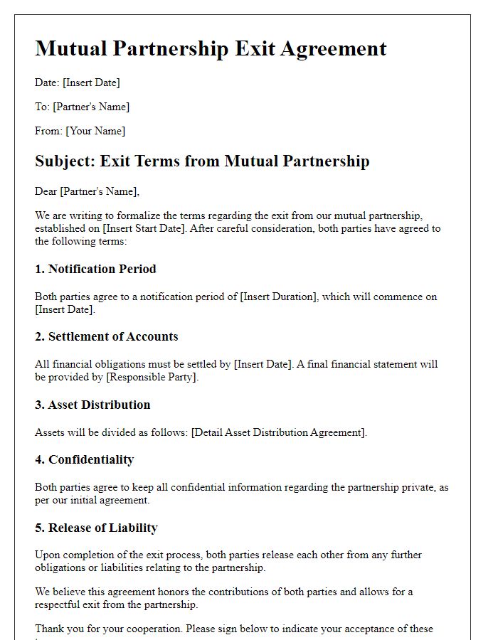 Letter template of mutual partnership exit terms.