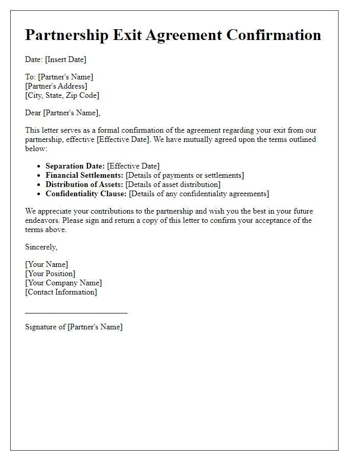 Letter template of partnership exit agreement confirmation.