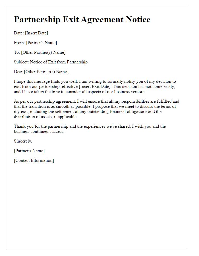 Letter template of partnership exit agreement notice.