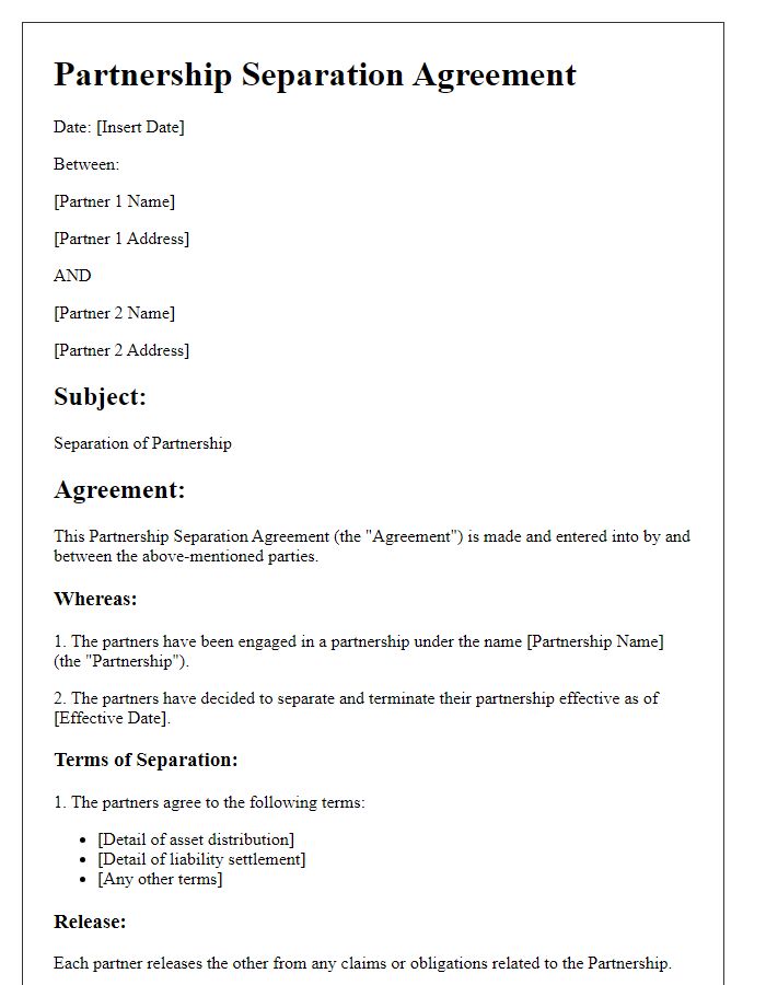 Letter template of partnership separation agreement.