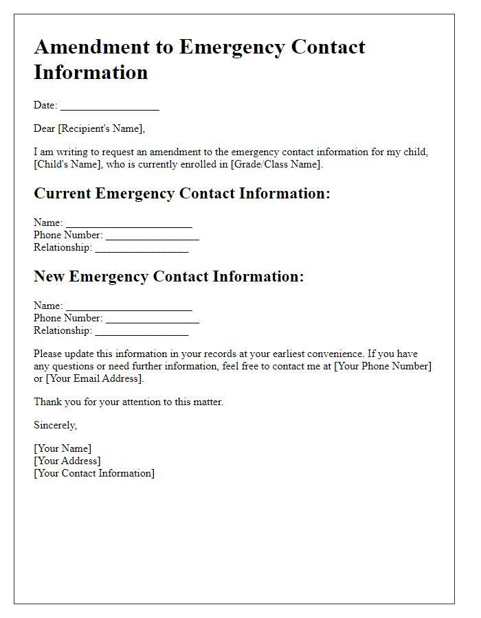 Letter template of amendments to emergency contact information for students