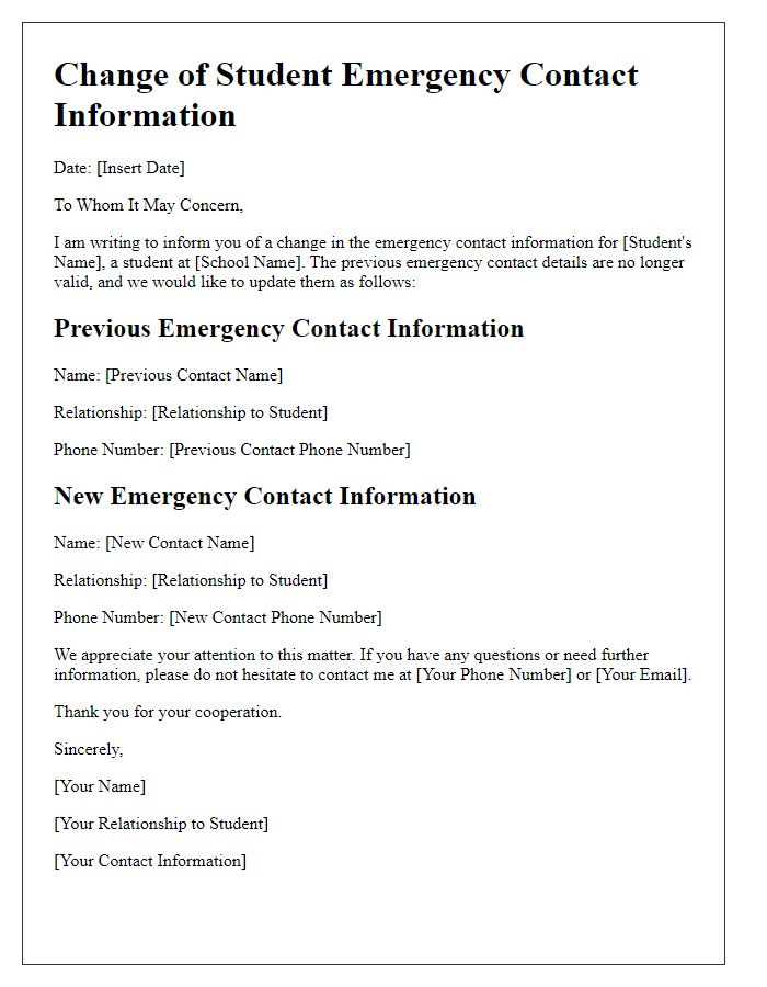 Letter template of changes to student emergency contact information