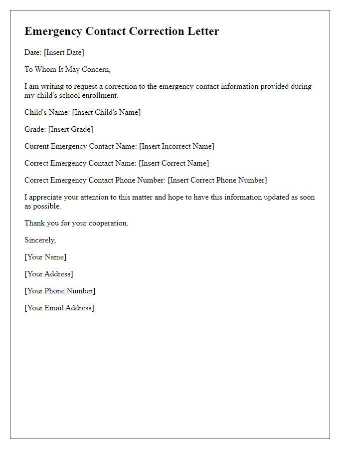 Letter template of emergency contact correction for school enrollment