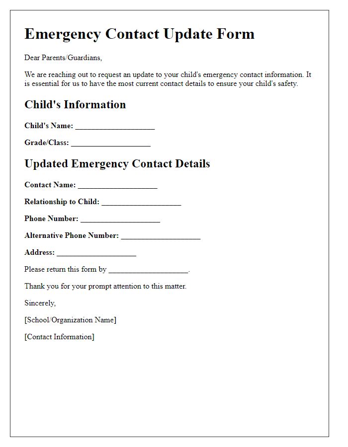 Letter template of emergency contact update form for parents